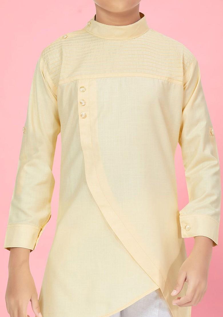 Cream Solid Cotton Kurta Set For Boys - Indya