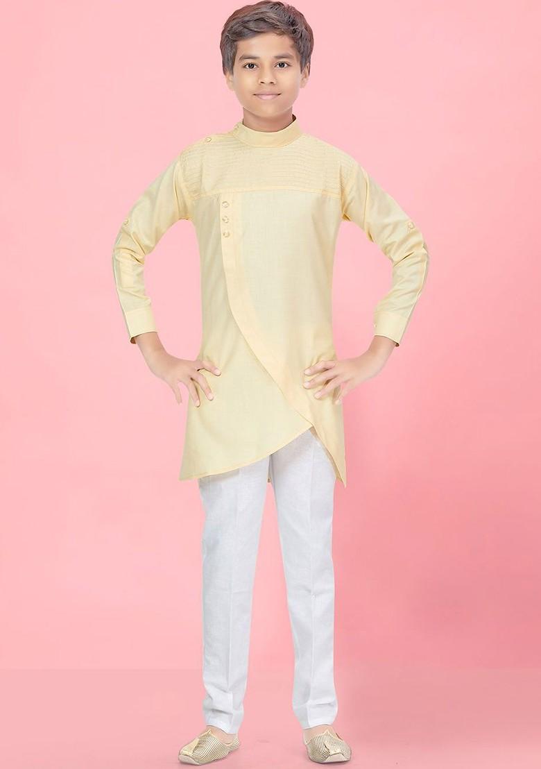 Cream Solid Cotton Kurta Set For Boys - Indya