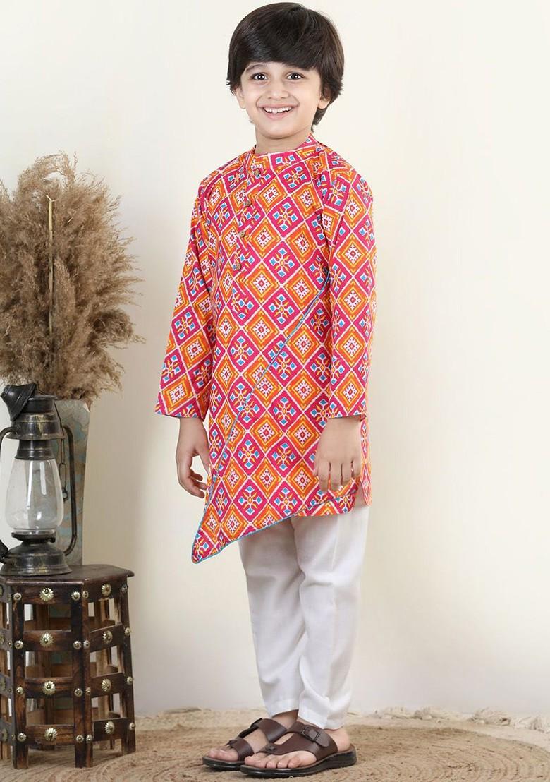 Red Printed Cotton Kurta Set For Boys - Indya