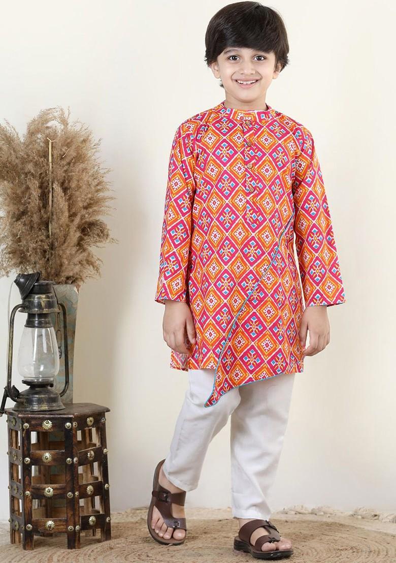 Red Printed Cotton Kurta Set For Boys - Indya