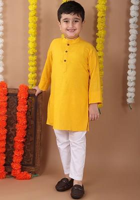 Yellow Embroidered Cotton Kurta Set For Boys