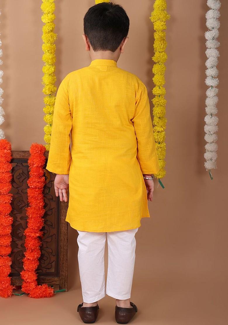 Yellow Embroidered Cotton Kurta Set For Boys - Indya