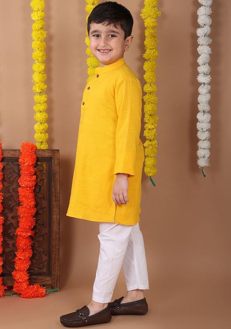 Yellow Embroidered Cotton Kurta Set For Boys - Indya