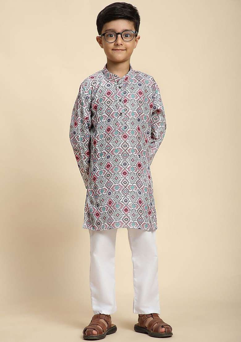 Grey Printed Cotton Kurta Set For Boys - Indya