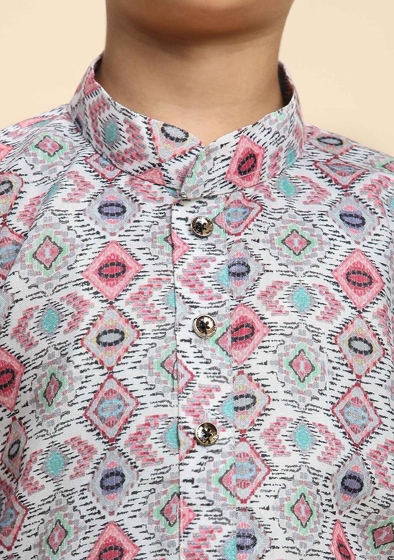 Grey Printed Cotton Kurta Set For Boys - Indya