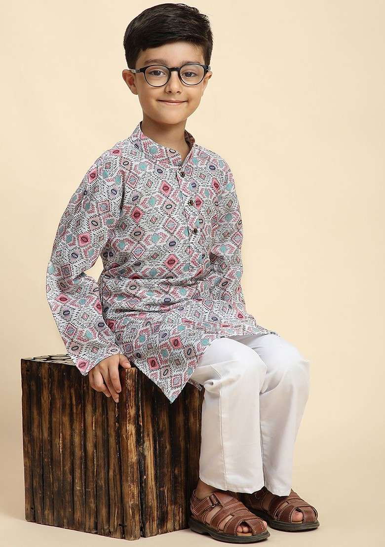 Grey Printed Cotton Kurta Set For Boys - Indya