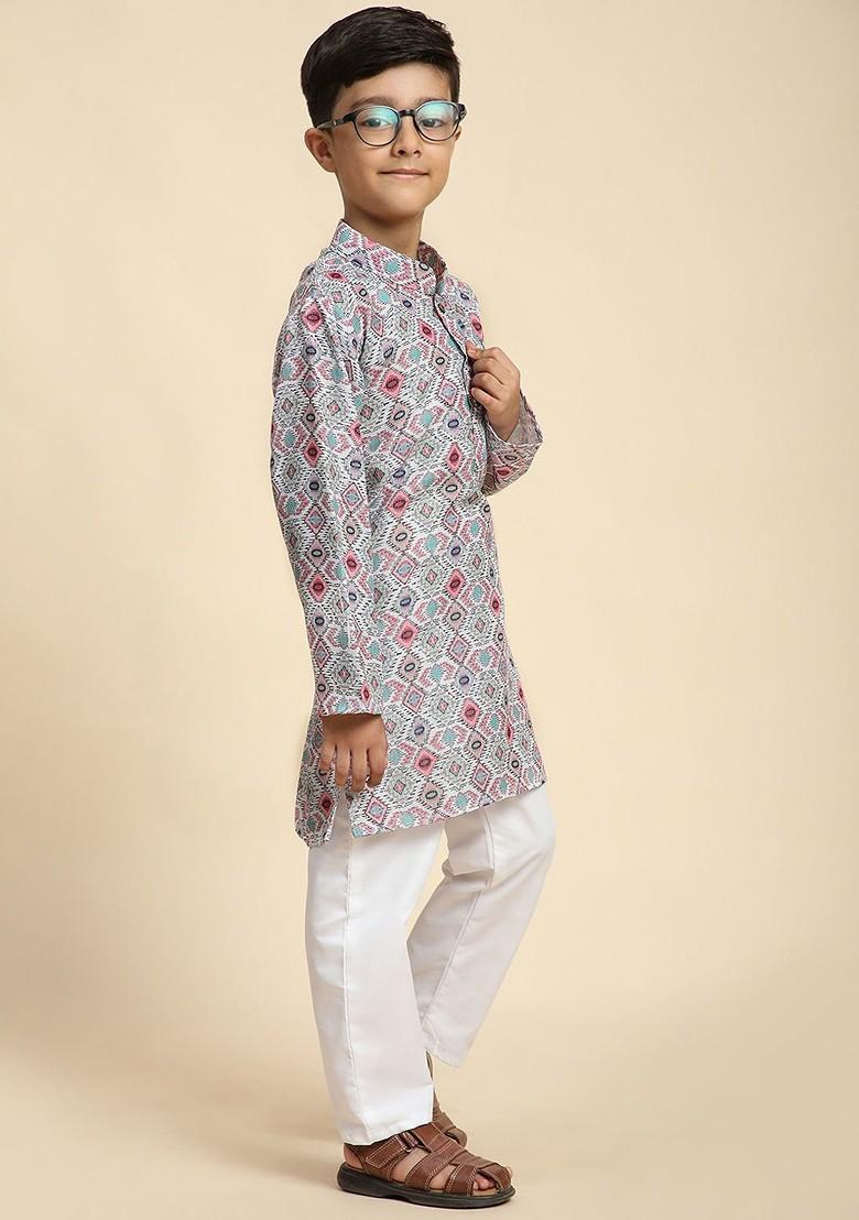 Grey Printed Cotton Kurta Set For Boys - Indya