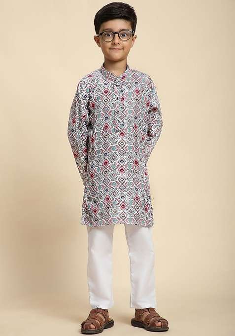 Grey Printed Cotton Kurta Set For Boys