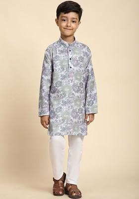 Lime Green Printed Cotton Kurta Set For Boys