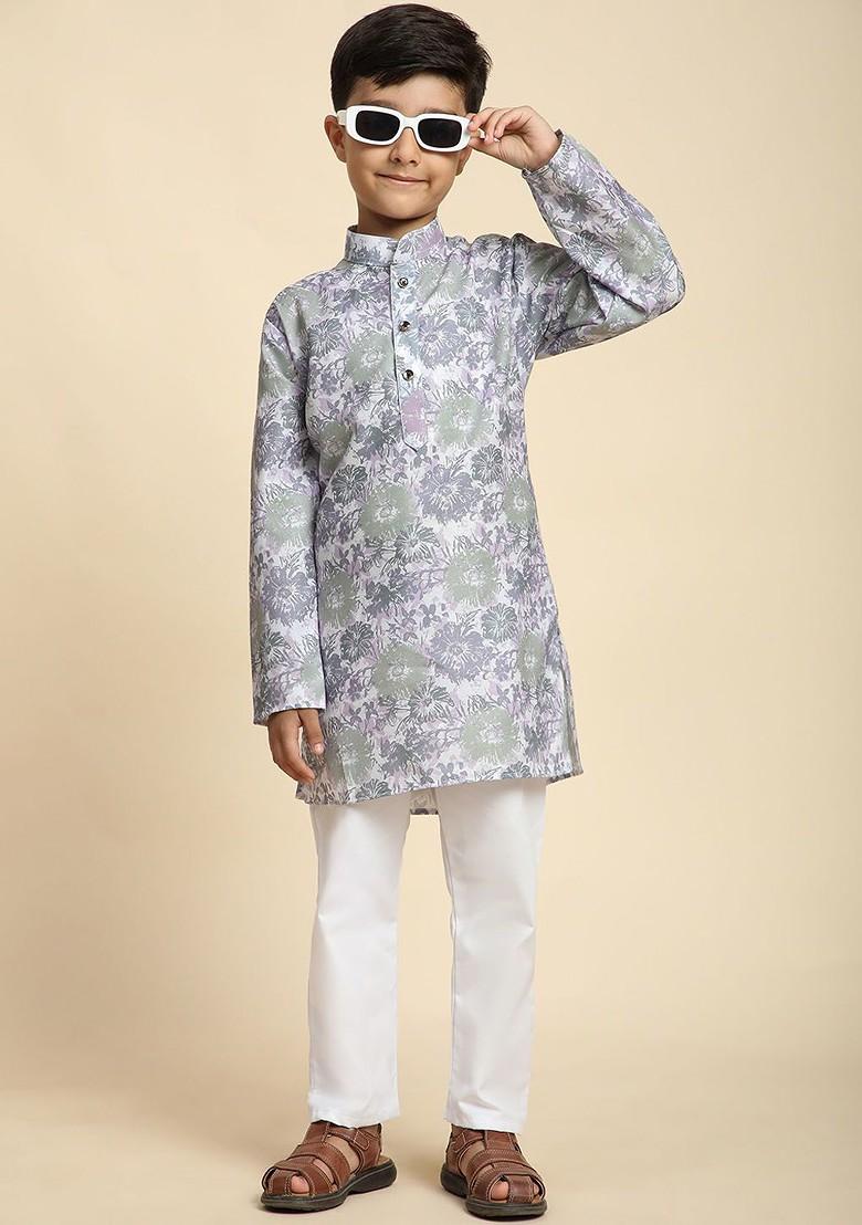 Lime Green Printed Cotton Kurta Set For Boys - Indya