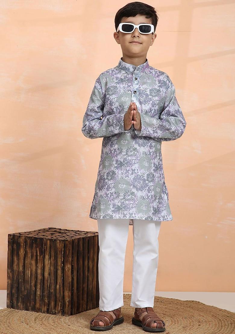 Lime Green Printed Cotton Kurta Set For Boys - Indya