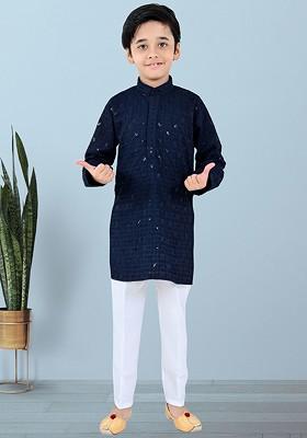 Navy Blue Embroidered Blended Kurta Set For Boys