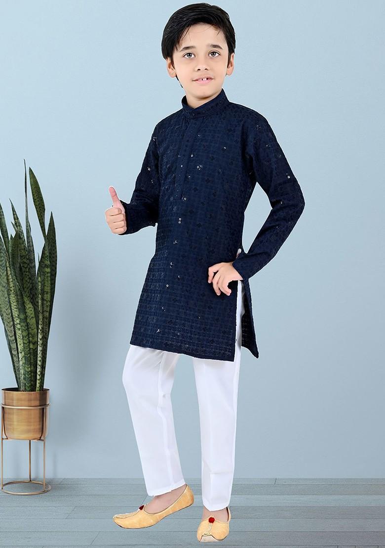 Navy Blue Embroidered Blended Kurta Set For Boys - Indya