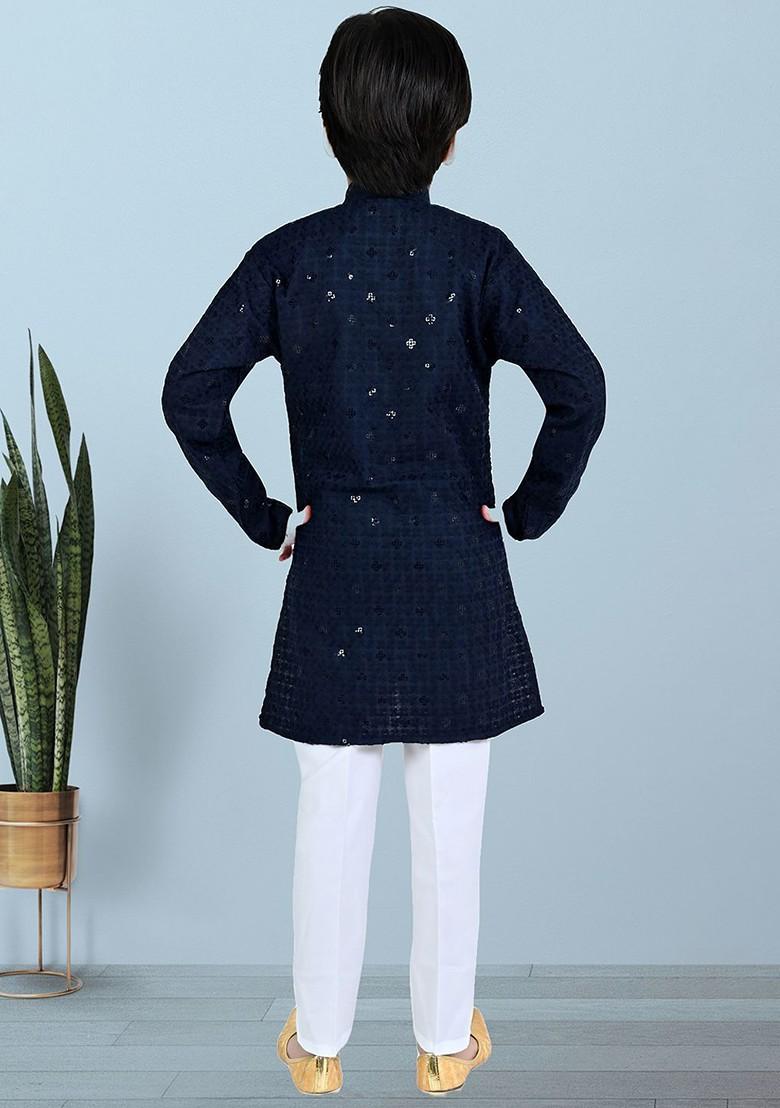 Navy Blue Embroidered Blended Kurta Set For Boys - Indya