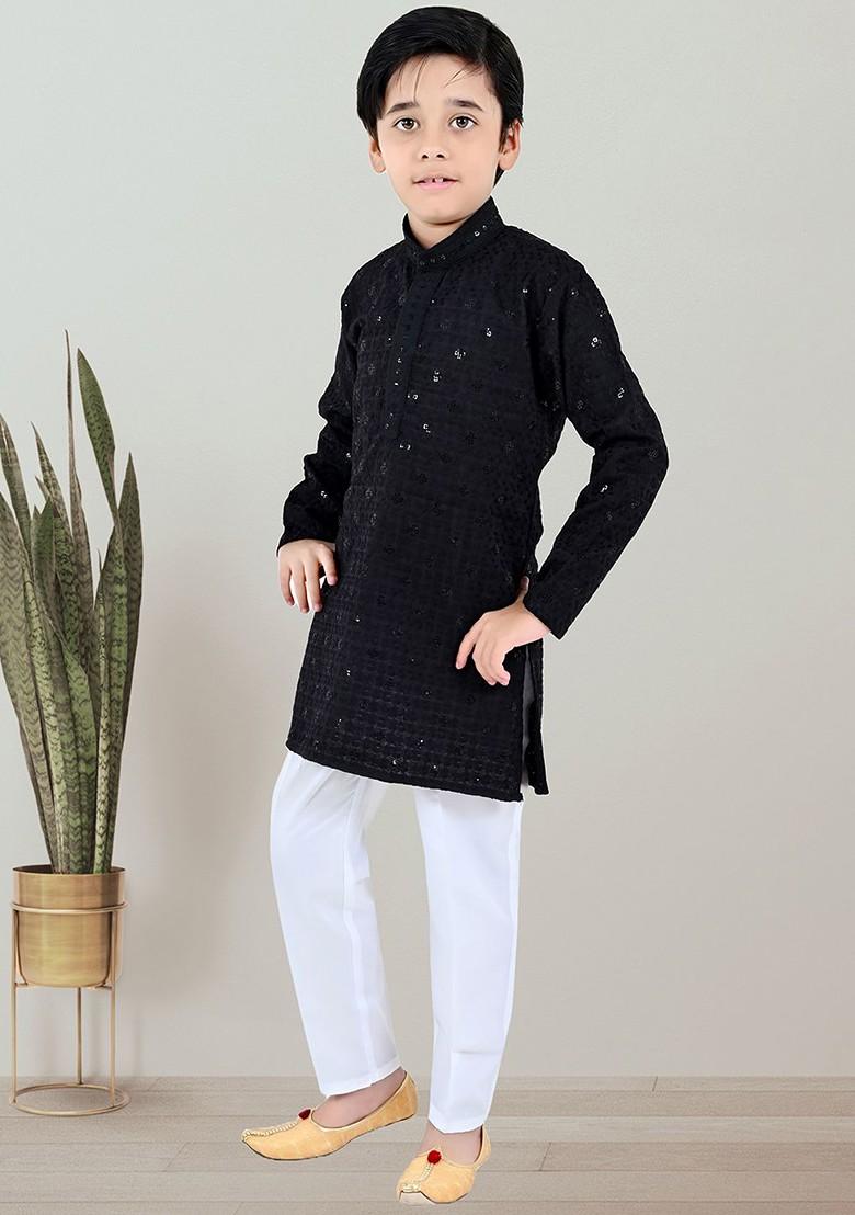Black Embroidered Blended Kurta Set For Boys - Indya