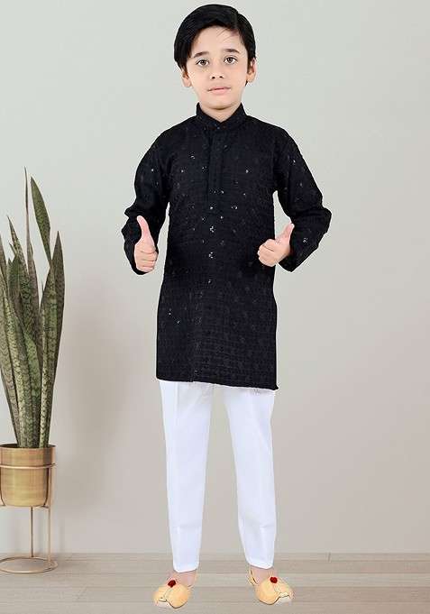Black Embroidered Blended Kurta Set For Boys