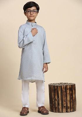 Grey Printed Cotton Kurta Set For Boys