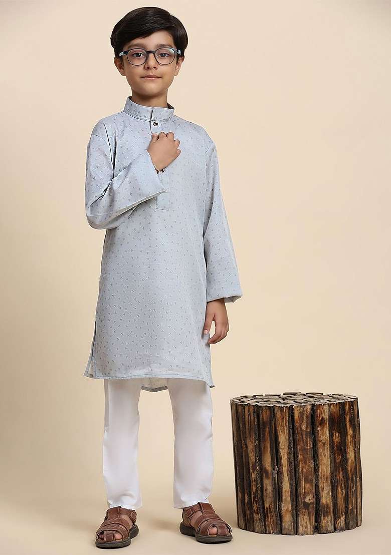 Grey Printed Cotton Kurta Set For Boys - Indya