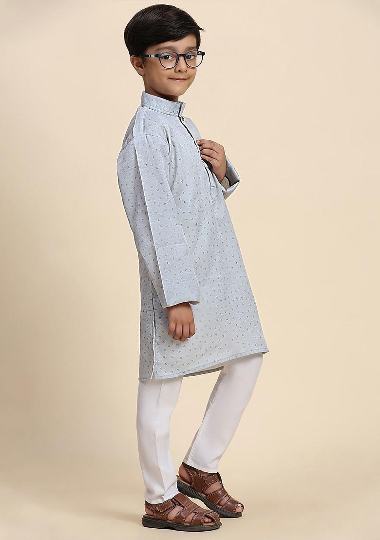 Grey Printed Cotton Kurta Set For Boys - Indya