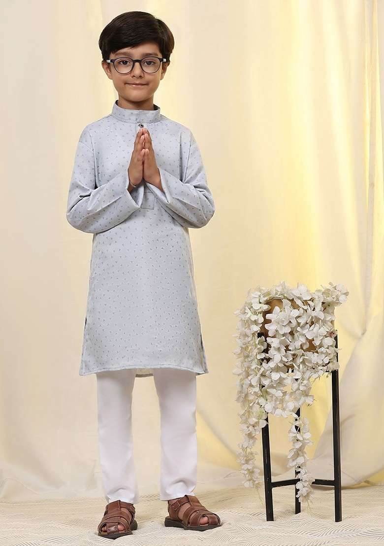 Grey Printed Cotton Kurta Set For Boys - Indya