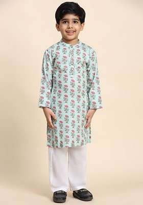 Teal Printed Cotton Kurta Set For Boys