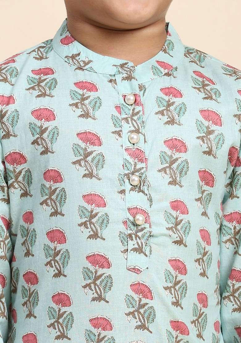 Teal Printed Cotton Kurta Set For Boys - Indya
