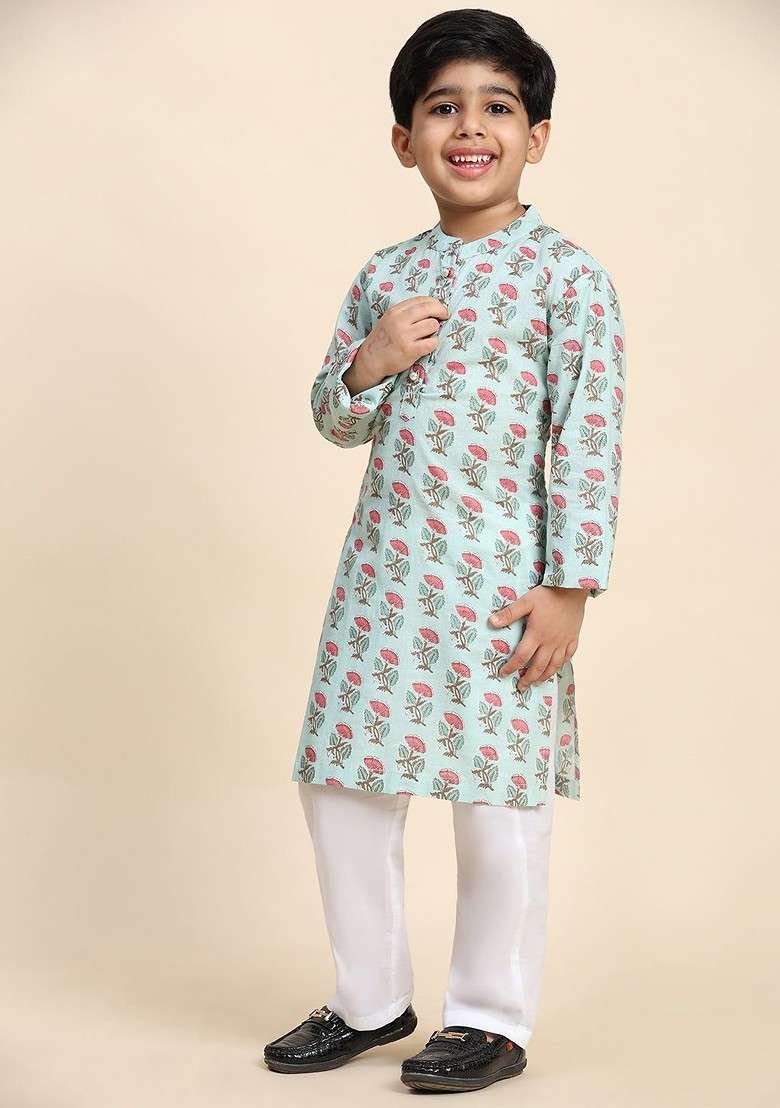 Teal Printed Cotton Kurta Set For Boys - Indya