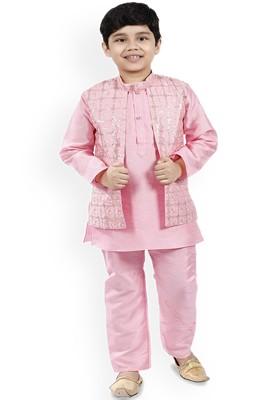 Pink Embroidered Blended Kurta Set For Boys