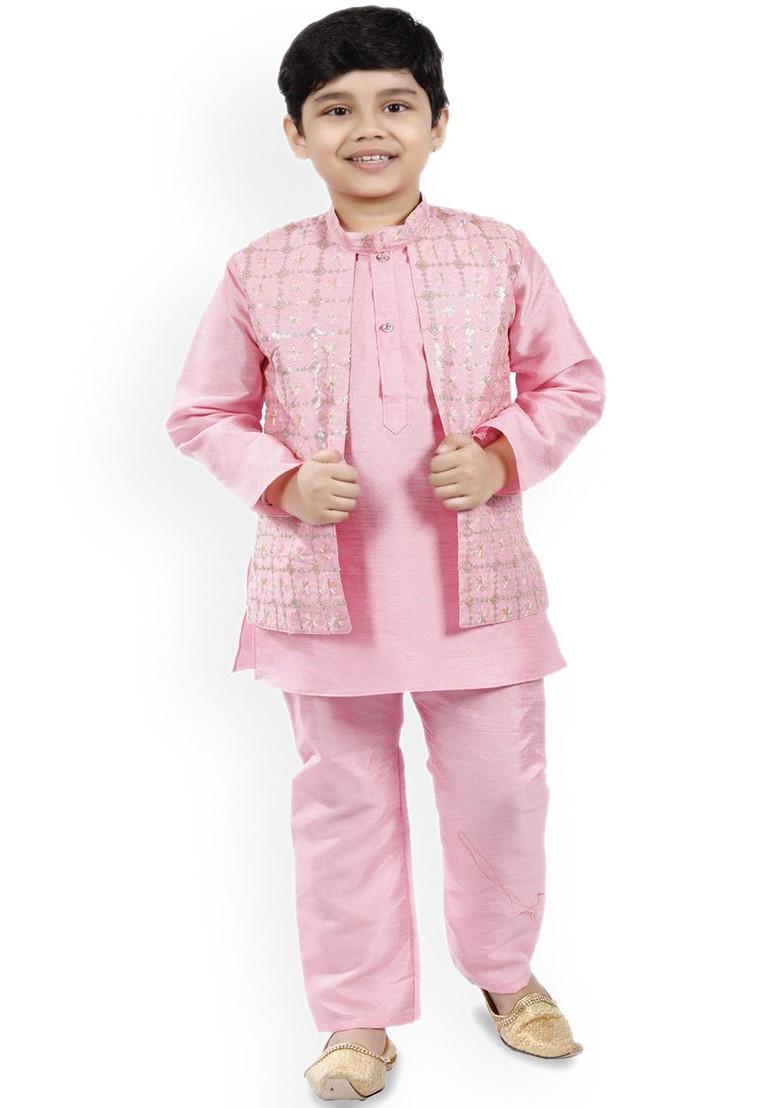 Pink Embroidered Blended Kurta Set For Boys - Indya