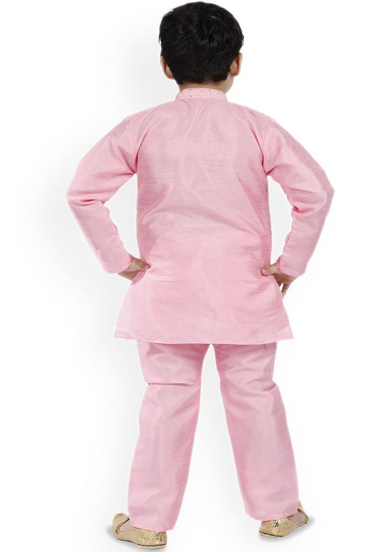 Pink Embroidered Blended Kurta Set For Boys - Indya