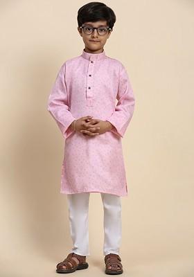 Pink Printed Cotton Kurta Set For Boys