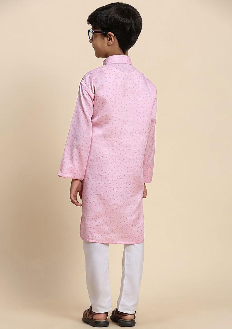 Pink Printed Cotton Kurta Set For Boys - Indya