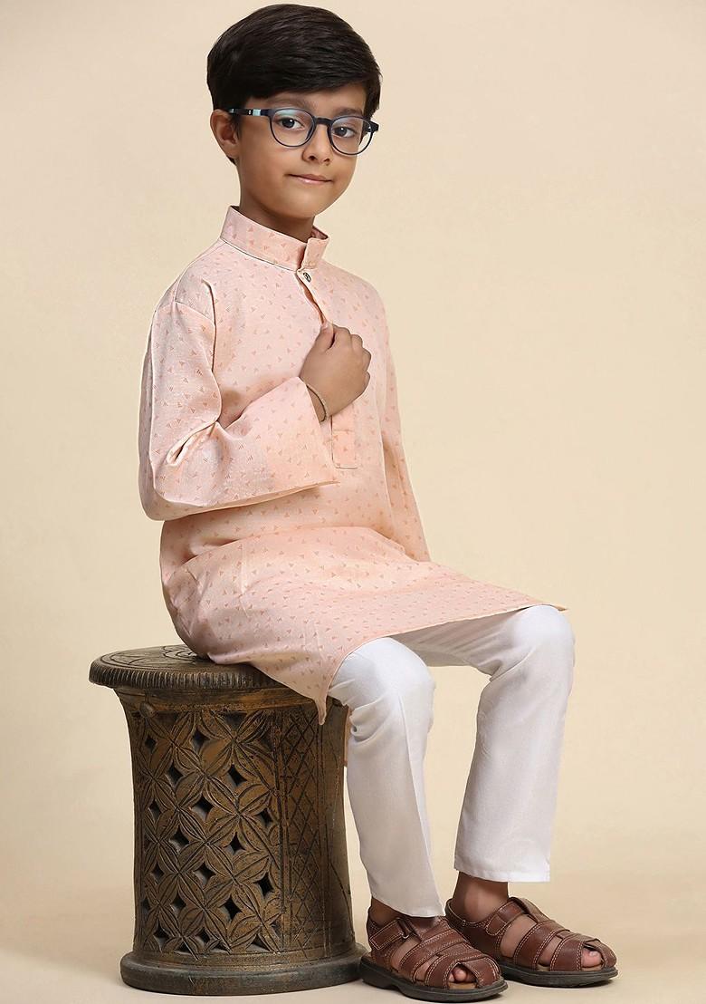 Orange Printed Cotton Kurta Set For Boys - Indya