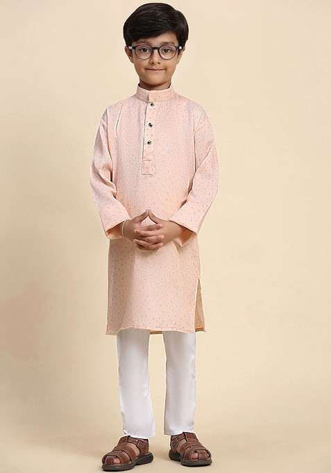 Orange Printed Cotton Kurta Set For Boys