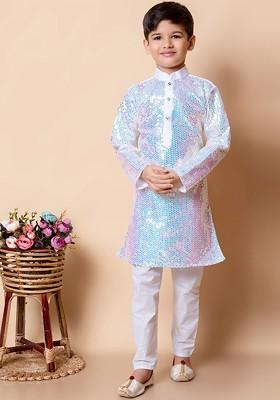 White Embroidered Silk Kurta Set For Boys