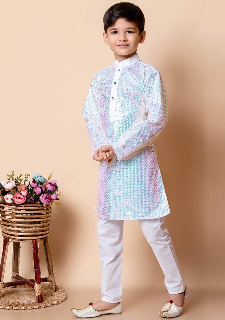 White Embroidered Silk Kurta Set For Boys - Indya