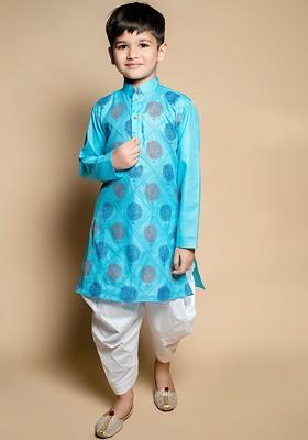 Turquoise Blue Printed Blended Kurta Set For Boys
