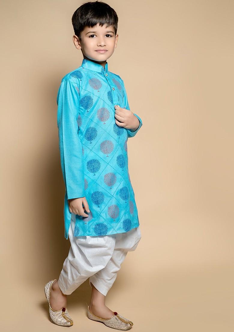 Turquoise Blue Printed Blended Kurta Set For Boys - Indya
