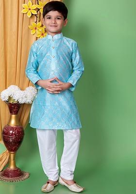 Turquoise Blue Embroidered Silk Kurta Set For Boys