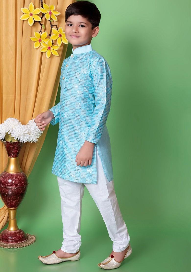 Turquoise Blue Embroidered Silk Kurta Set For Boys - Indya