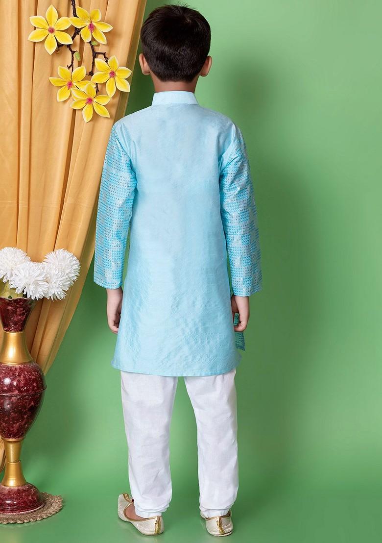 Turquoise Blue Embroidered Silk Kurta Set For Boys - Indya