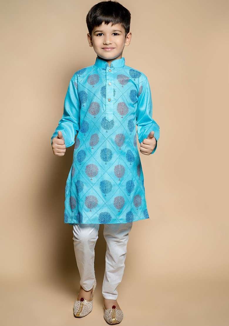 Turquoise Blue Printed Blended Kurta Set For Boys - Indya