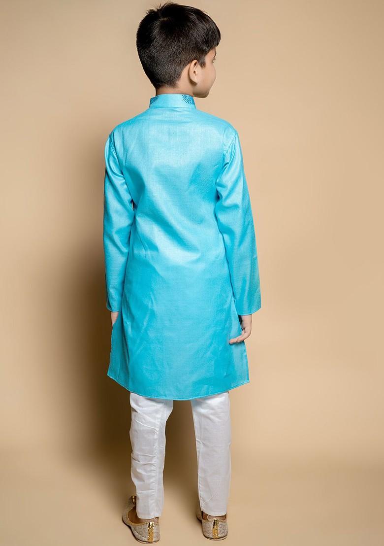 Turquoise Blue Printed Blended Kurta Set For Boys - Indya