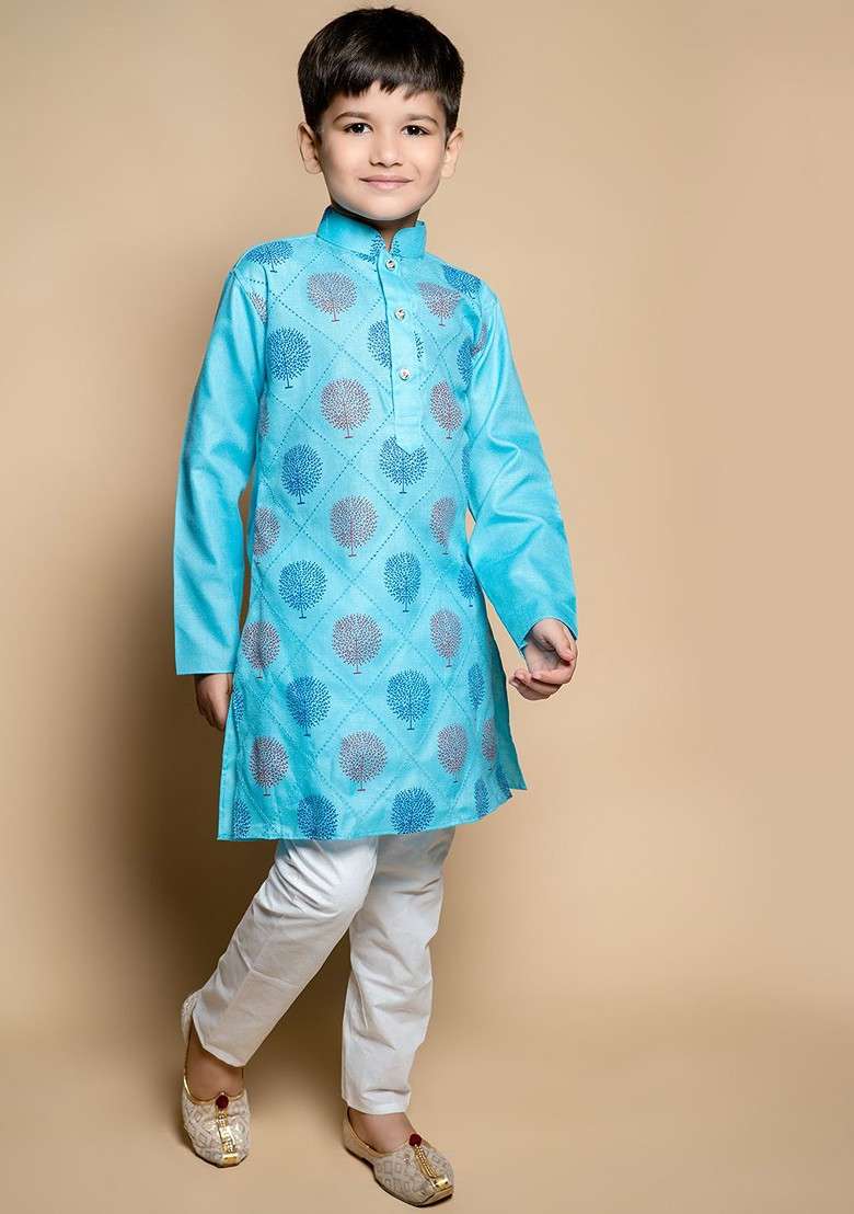 Turquoise Blue Printed Blended Kurta Set For Boys - Indya