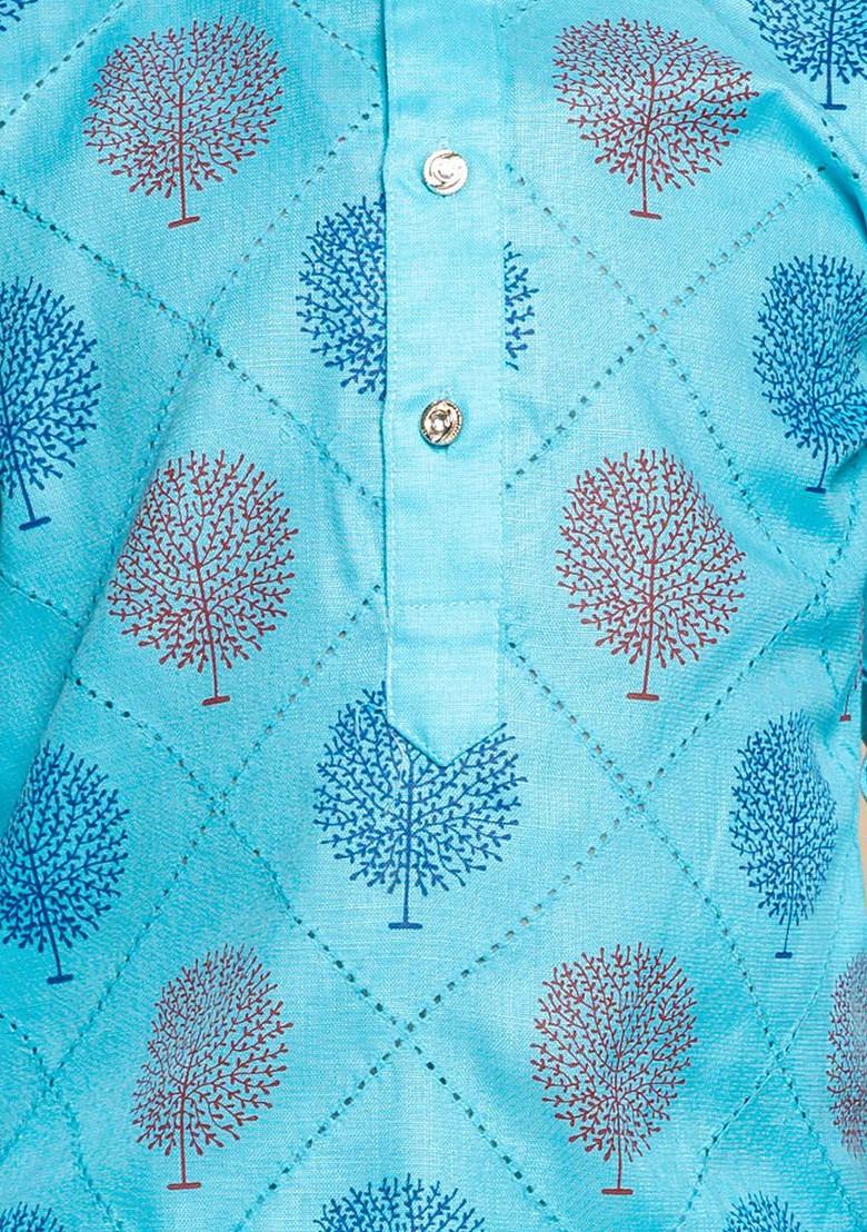 Turquoise Blue Printed Blended Kurta Set For Boys - Indya