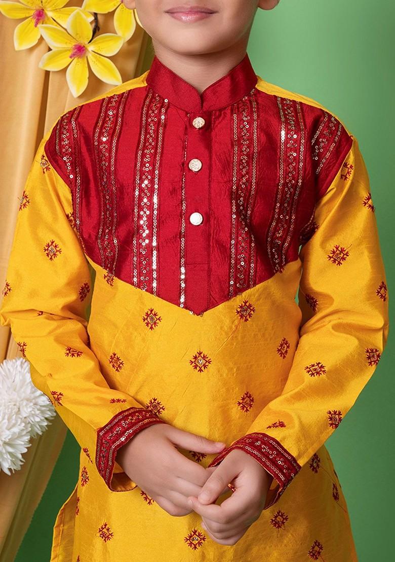Yellow Embroidered Silk Kurta Set For Boys - Indya