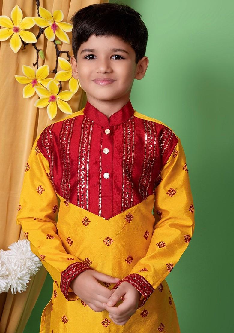 Yellow Embroidered Silk Kurta Set For Boys - Indya