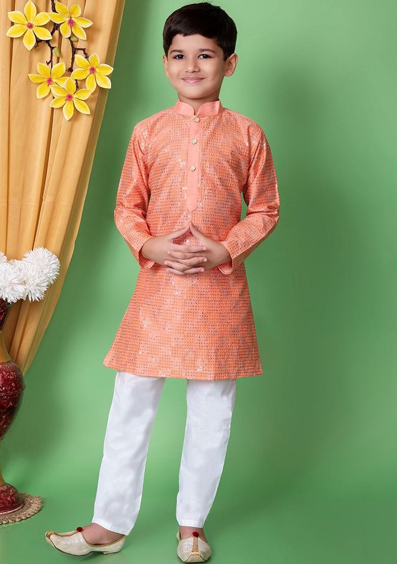 Peach Embroidered Silk Kurta Set For Boys - Indya