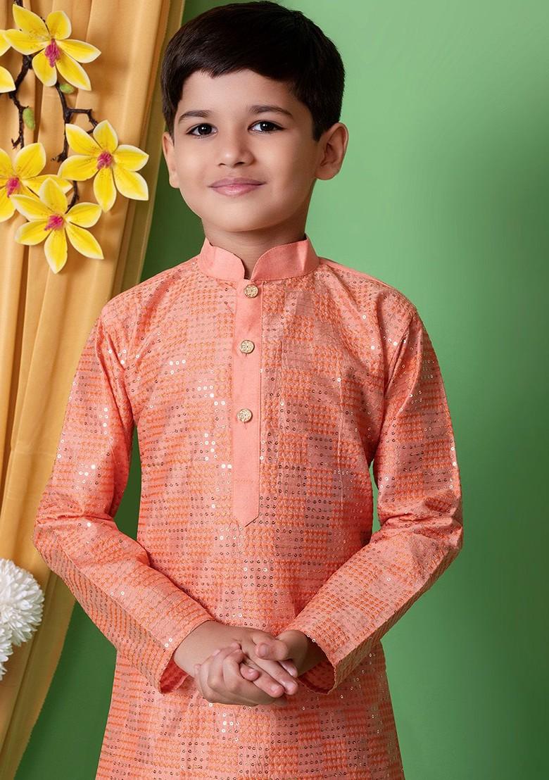 Peach Embroidered Silk Kurta Set For Boys - Indya