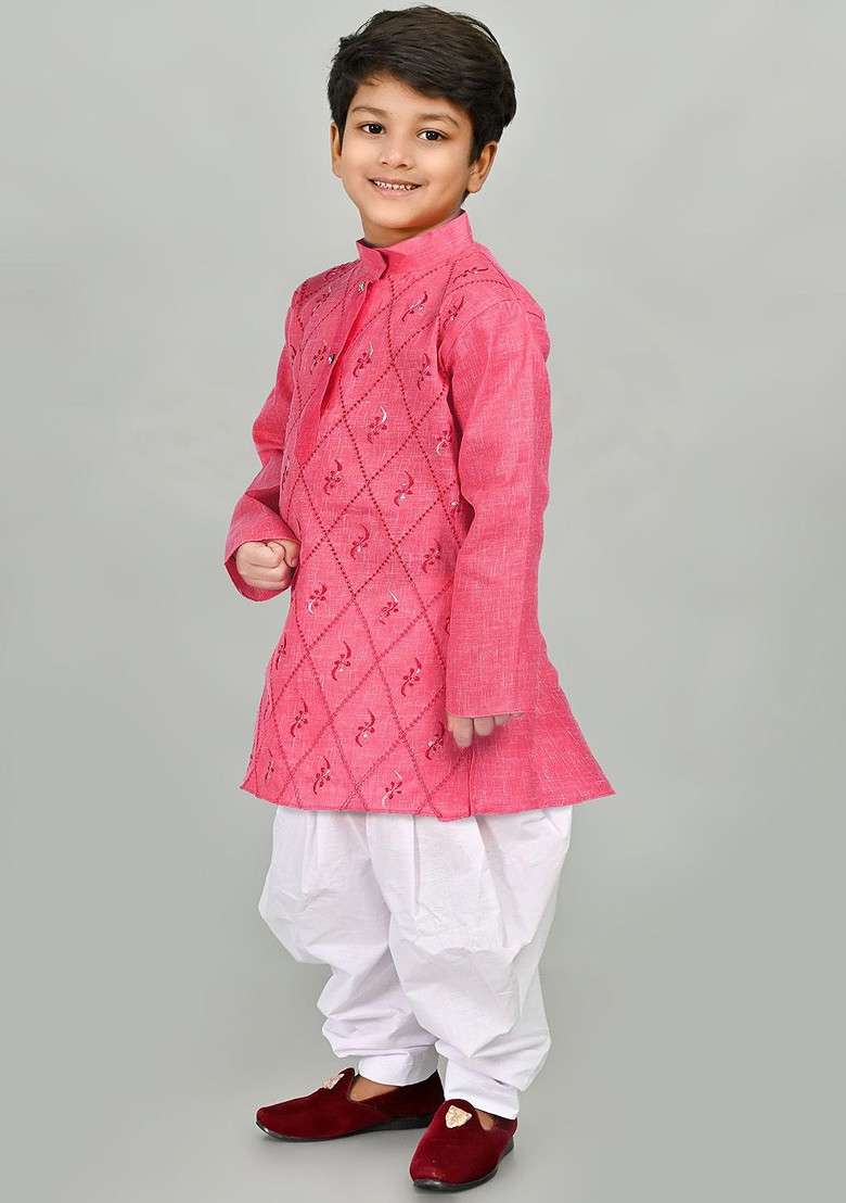 Orange Embroidered Blended Kurta Set For Boys - Indya